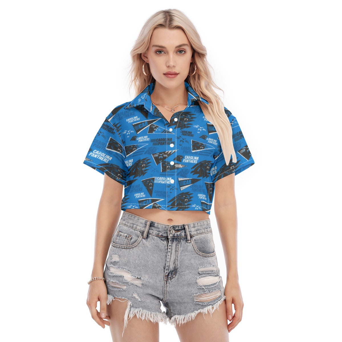 Carolina Panthers Women's Cropped Shirt black blue football back view game day look