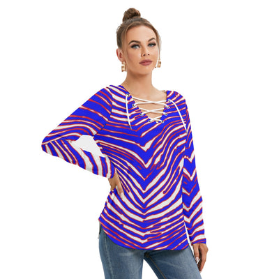 White Smoke Buffalo football Women's Long Sleeve Neckline Tie Sweatshirt – Red Blue White Zebra Game Day Style