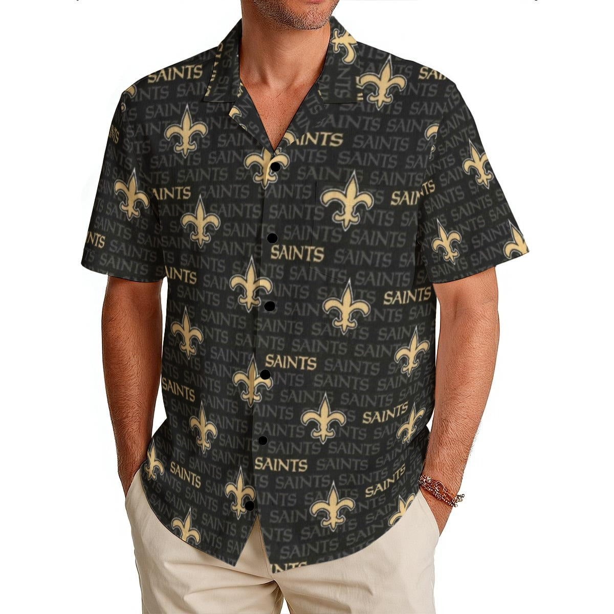 New Orleans Saints Men's Hawaiian Shirt|150GSM black gold football back view streetwear style