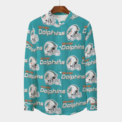 Miami Dolphins Men's Stand Collar Shirt With Long Sleeve|110GSM Imitation Flax aqua orange football outfit back view
