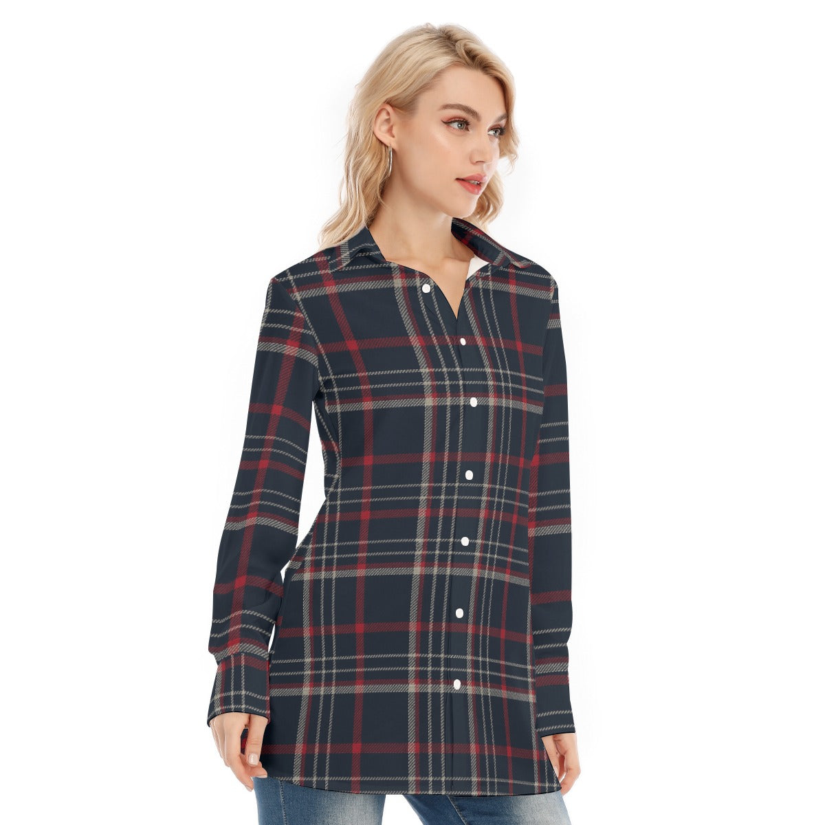 women navy plaid casual football shirt