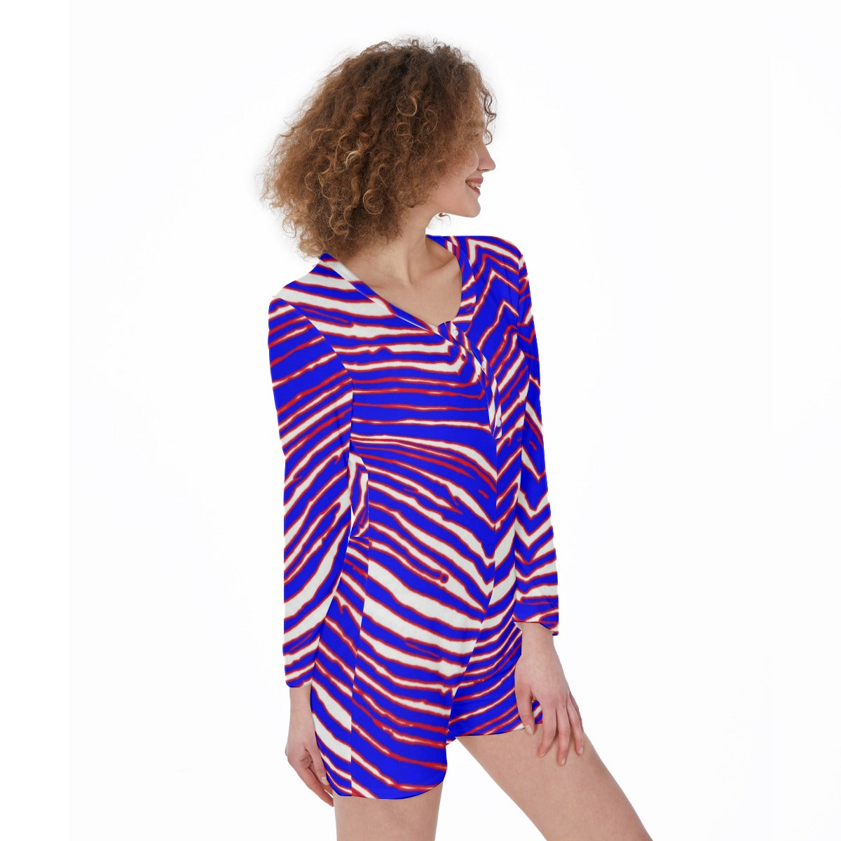 One-Piece Women’s Pajamas – Red, Blue White Zebra Game Day Comfort