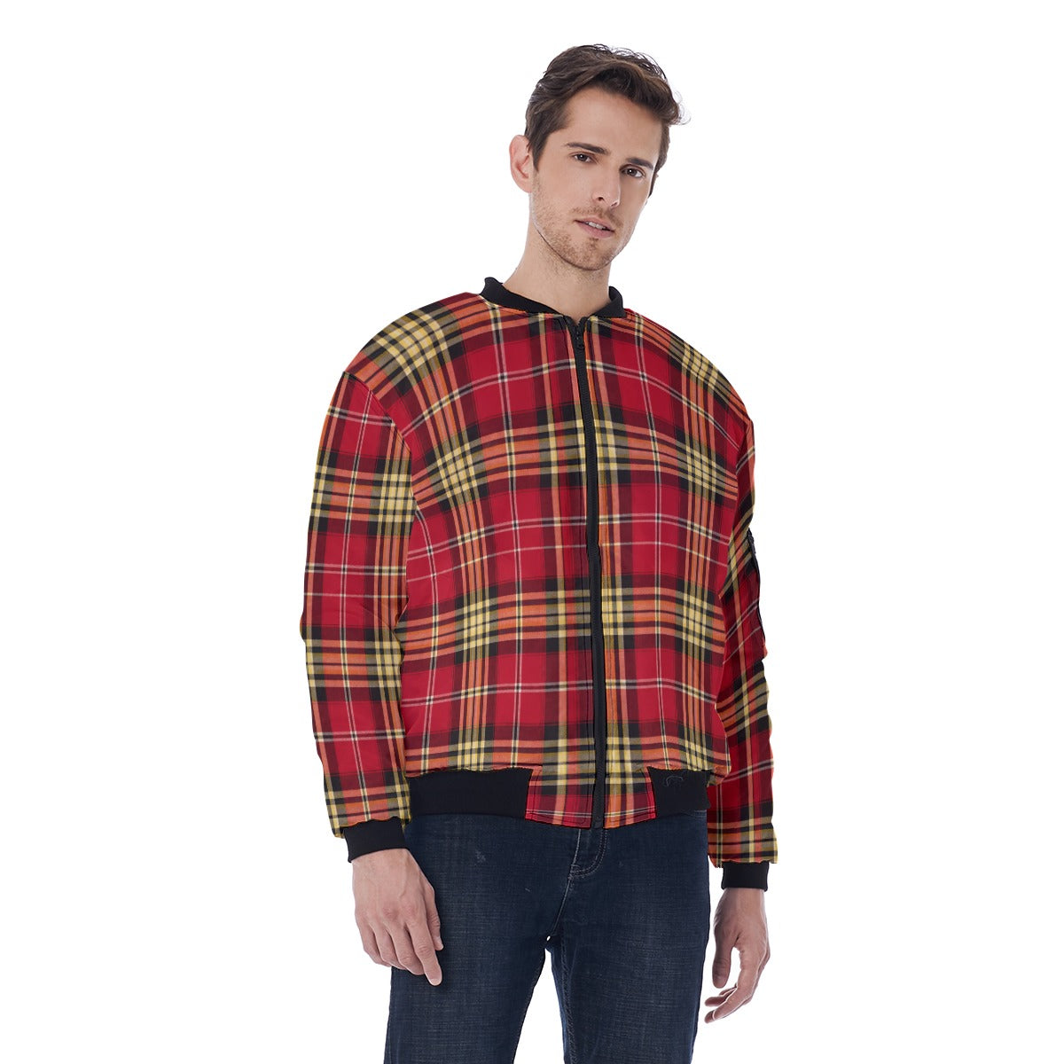 White Smoke San Francisco Football Plaid bomber Men's Jacket Red and Gold Tartan Streetwear Game Day Layer