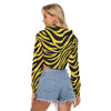White Smoke Pittsburgh Football Yellow Black Zebra Women’s Velvet Crop Top Hoodie – Game Day Streetwear