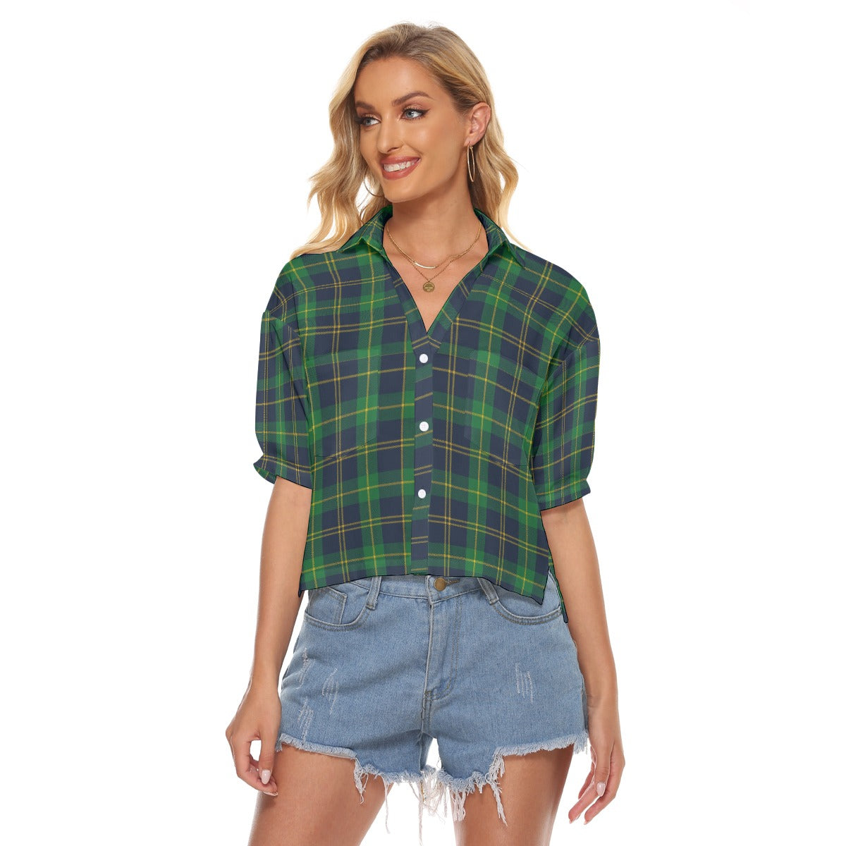 Notre Dame Fighting Irish Green Navy Gold Plaid Womens V Neck Shirts 6 green navy gold plaid women fashion apparel