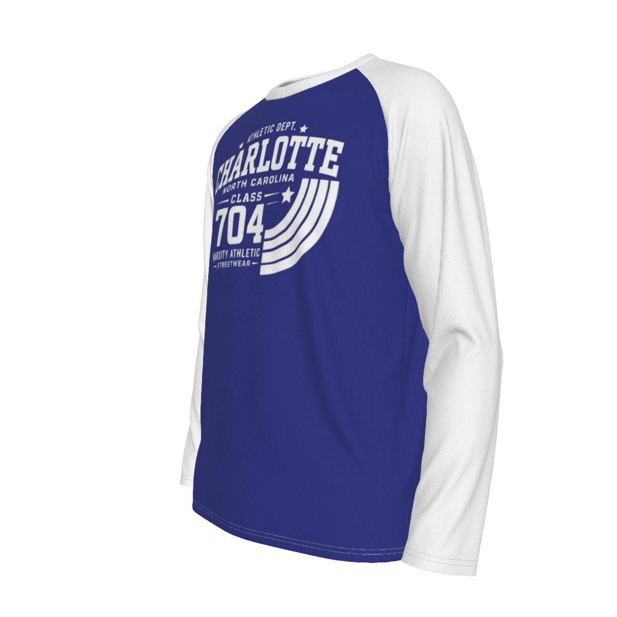 Charlotte NC 704 Long Sleeve Varsity Shirt – Blue White Athletic Raglan Tee