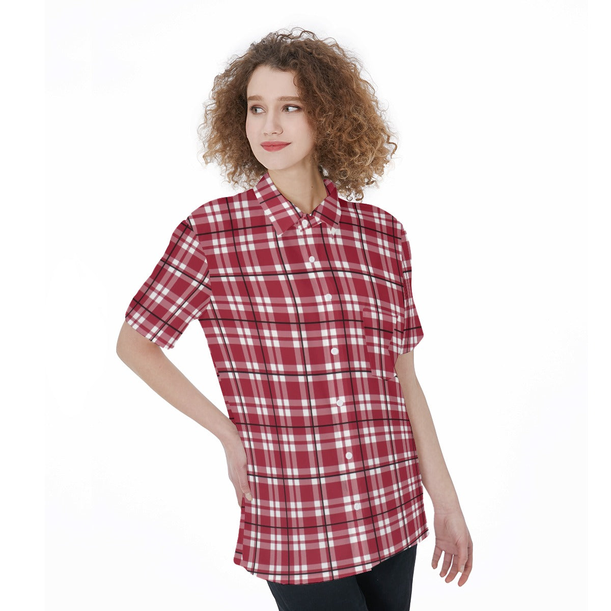 Alabama Crimson Tide Tartan Plaid Crimson White Women's Short Sleeve Shirt With Pocket streetwear fashion product image 2