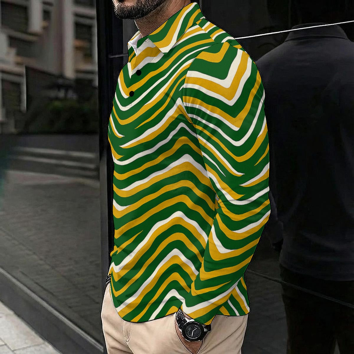 Black Green Bay Football Yellow Green Men’s Long Sleeve Polo Shirt – Game Day Streetwear