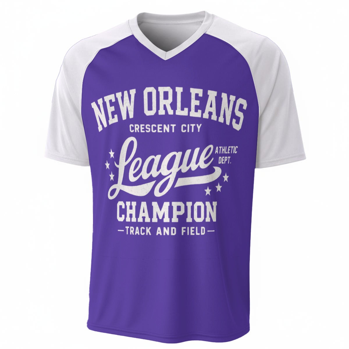 New Orleans Crescent City League Champion Baseball V-Neck T-Shirt Purple and White – Urban Sports St – breathable comfort wear, game day outfit, image 1.0