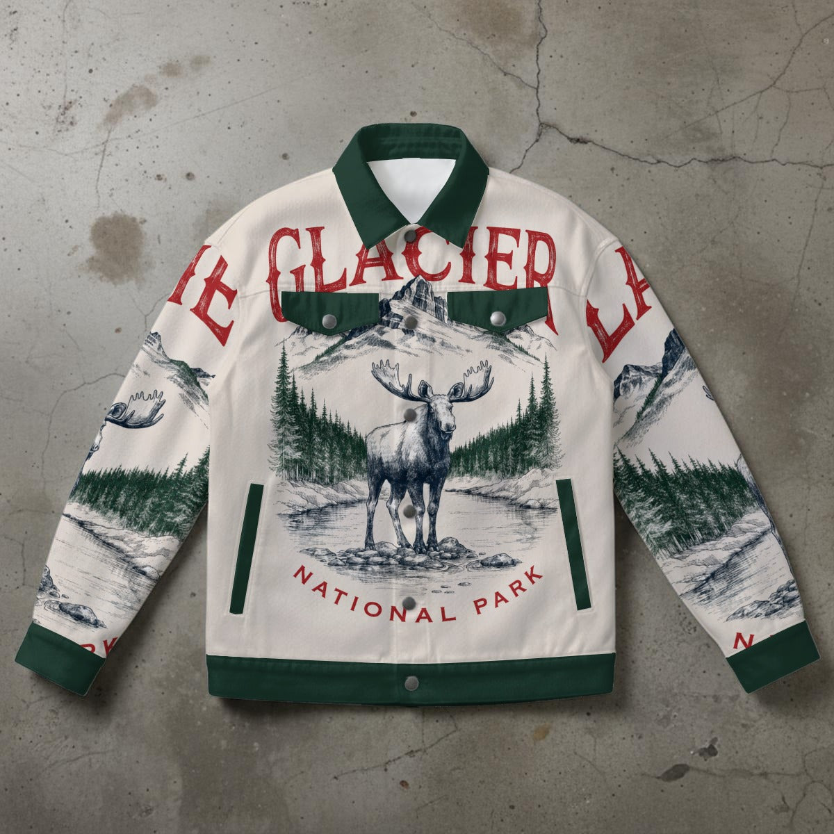 Jacket with Glacier National Park design on a textured surface