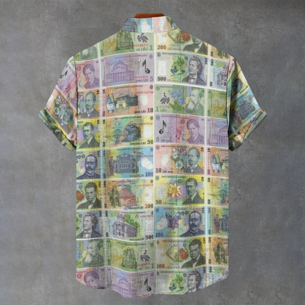 Romania money print Stand Collar Shirt|110GSM Imitation Flax Camasa imprimeu bani romanesti