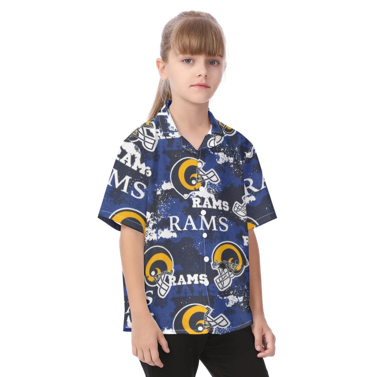 los-angeles-rams-kids-hawaiian-vacation-shirt navy orange football outfit detail