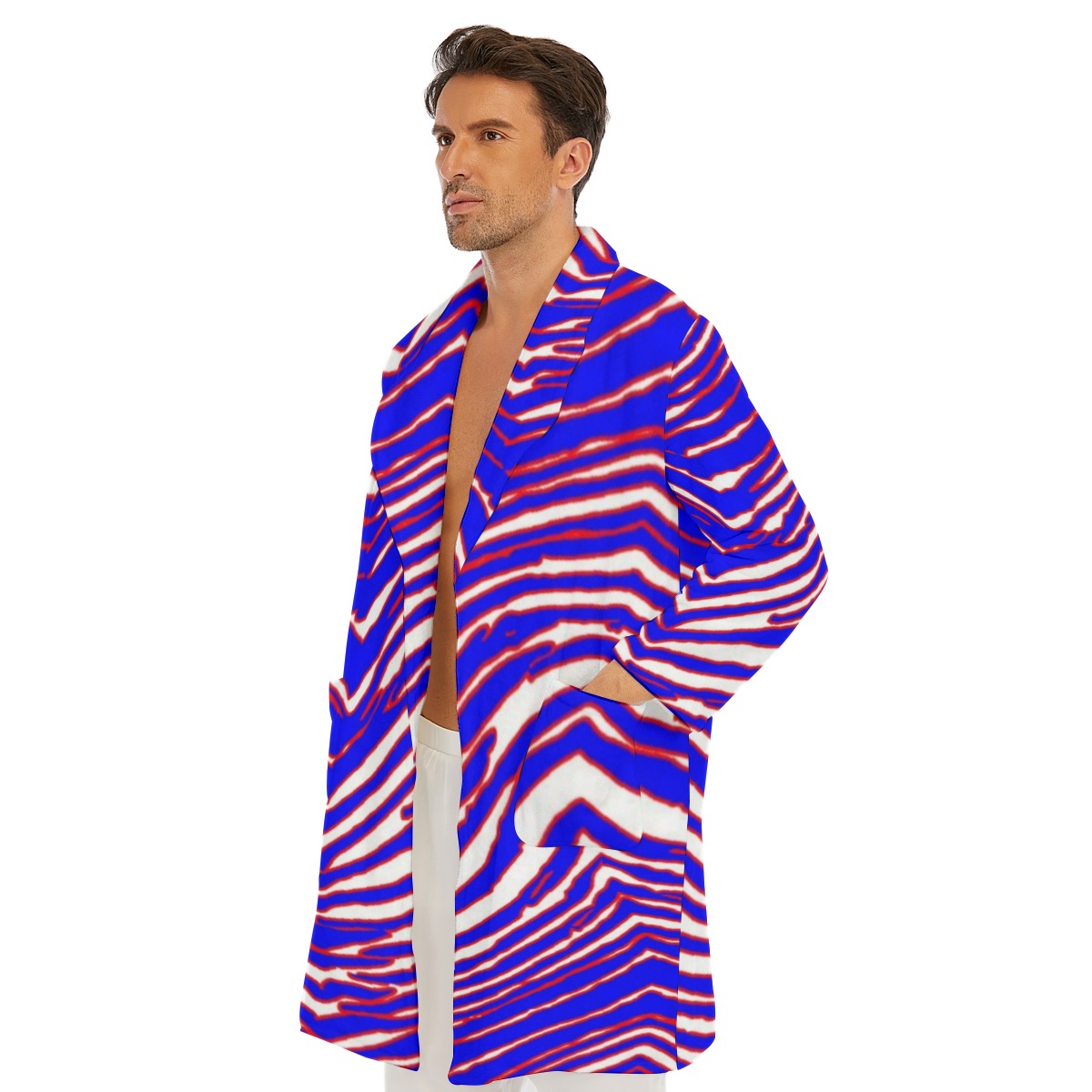 Buffalo football Men's Borg Fleece Robe – Red Blue White Zebra Game Day Style – casual fan outfit, breathable comfort wear, image 1.0
