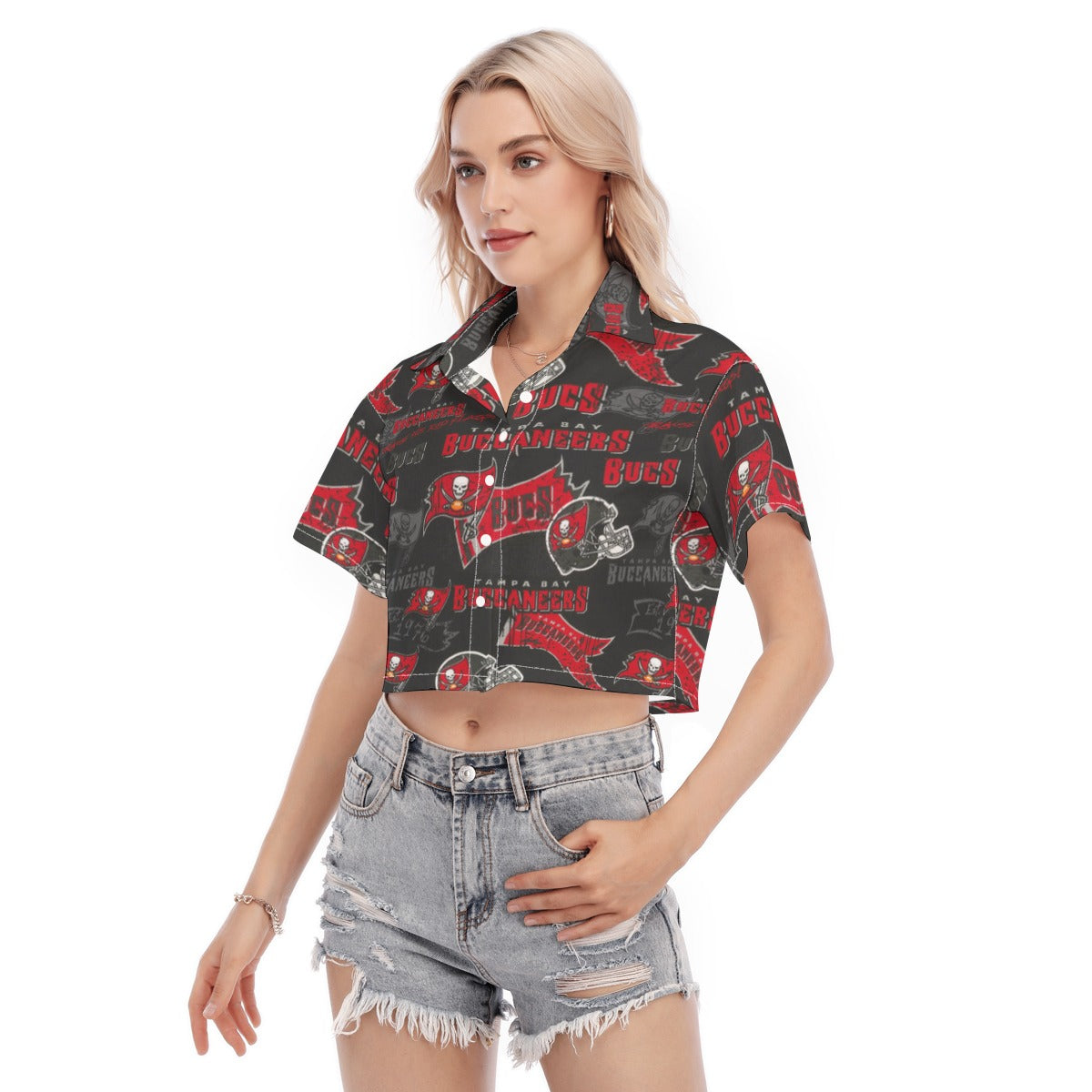 tampa-bay-buccaneers-womens-cropped-shirt red pewter football outfit fabric close-up