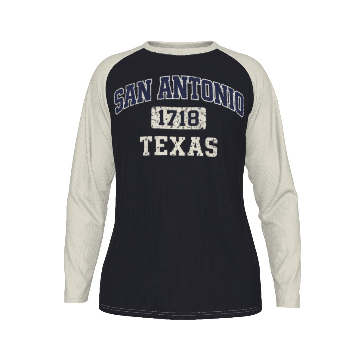 San Antonio Texas 1718 Navy and Cream Long Sleeve Shirt Men Varsity Raglan Tee – breathable comfort wear, casual fan outfit, image 1.0