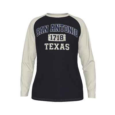 San Antonio Texas 1718 Navy and Cream Long Sleeve Shirt Men Varsity Raglan Tee – breathable comfort wear, casual fan outfit, image 1.0
