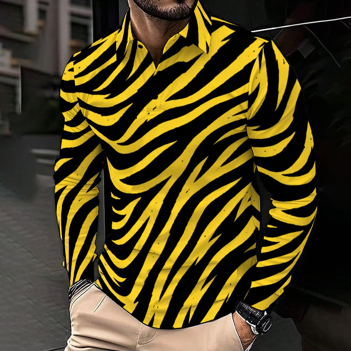 Pittsburgh Football Yellow Black Zebra Men's Polo Shirt With Long Sleeve – game day outfit, sportswear style, image 1.0