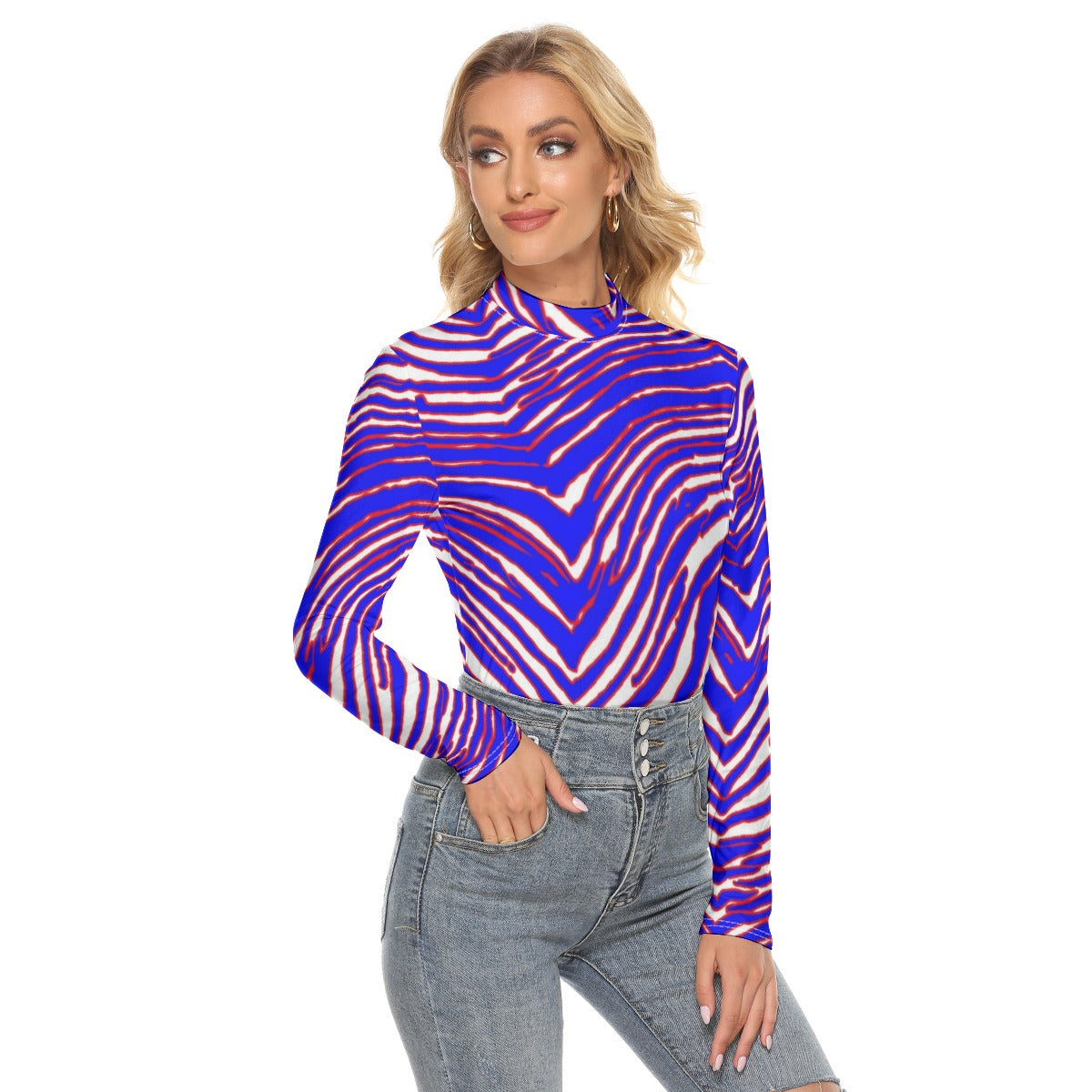 Buffalo Football Women’s Stretchable Turtleneck Top – Red, Blue  White Zebra Game Day Style