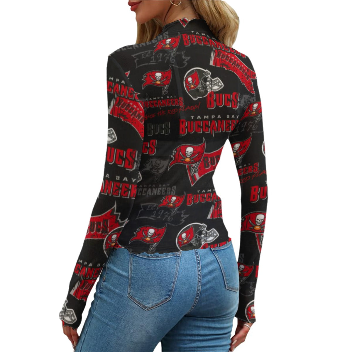 tampa-bay-buccaneers-womens-mesh-t-shirt red pewter football outfit detail