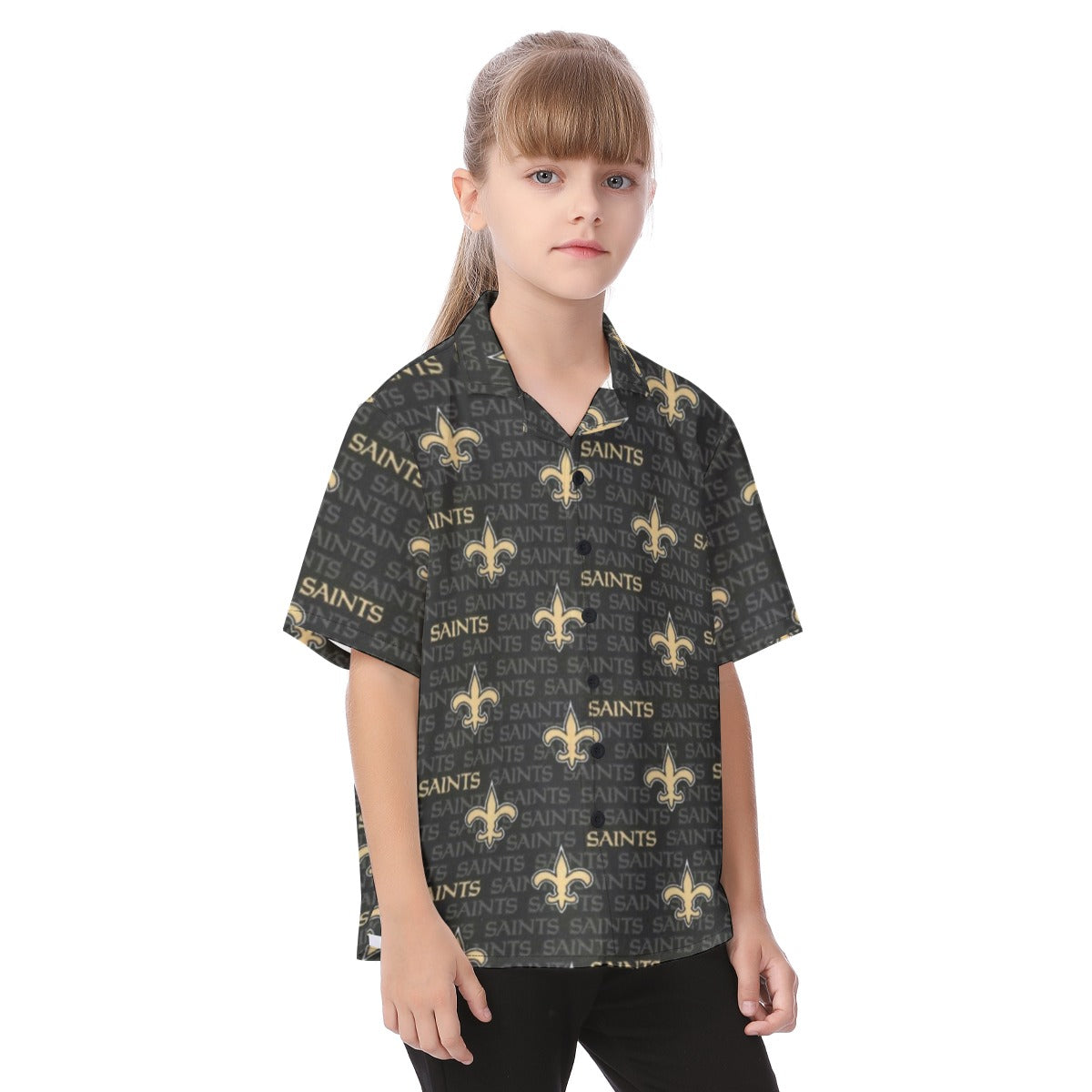 new-orleans-saints-kids-hawaiian-vacation-shirt black gold football detail fabric breathable