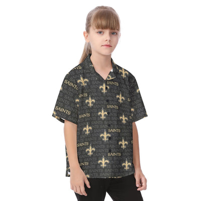 new-orleans-saints-kids-hawaiian-vacation-shirt black gold football detail fabric breathable