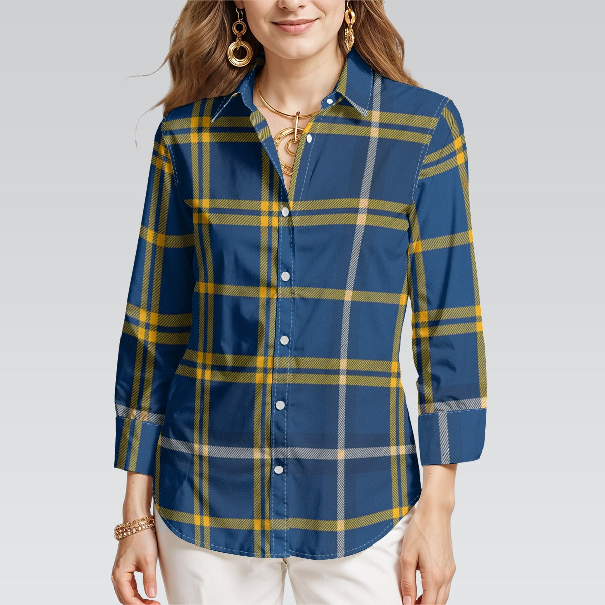 west virginia mountaineers tartan plaid blue gold women's mid-length sleeve shirt blue gold tartan plaid mountaineers game day fashion