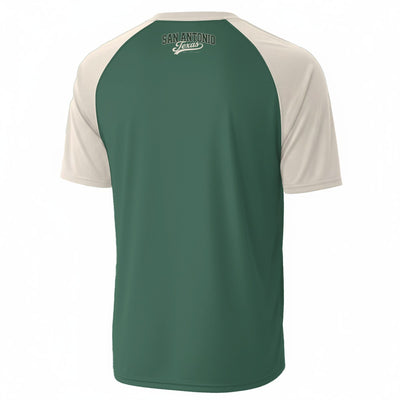 Dark Slate Gray San Antonio Texas Forest Green and Cream Varsity T Shirt Men Vintage Athletic Raglan Tee
