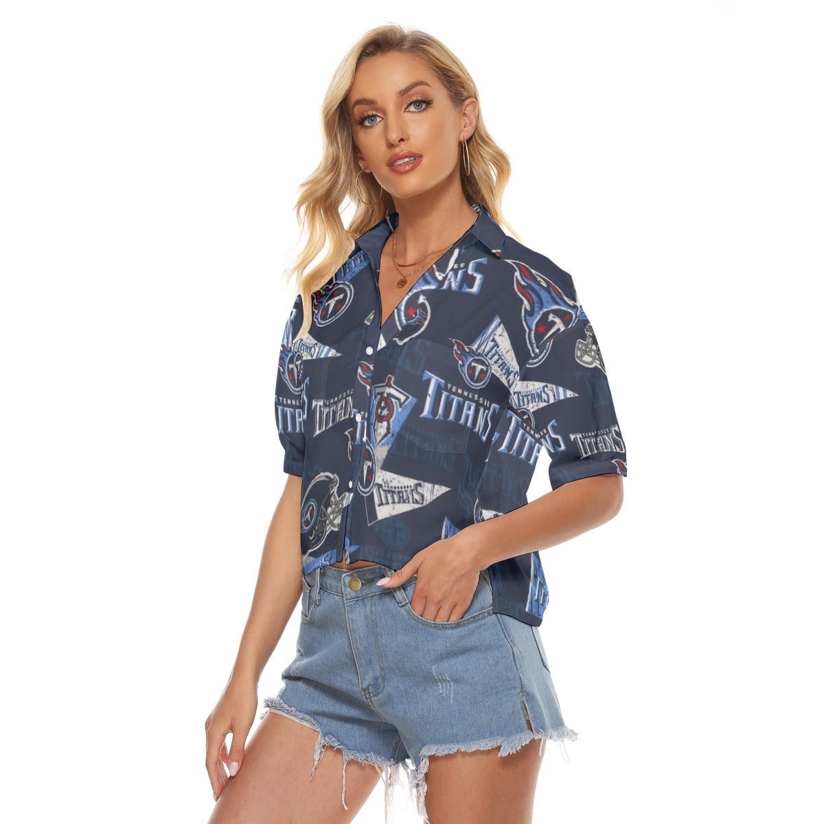 tennessee-titans-womens-v-neck-shirts navy light blue football side view streetwear fit