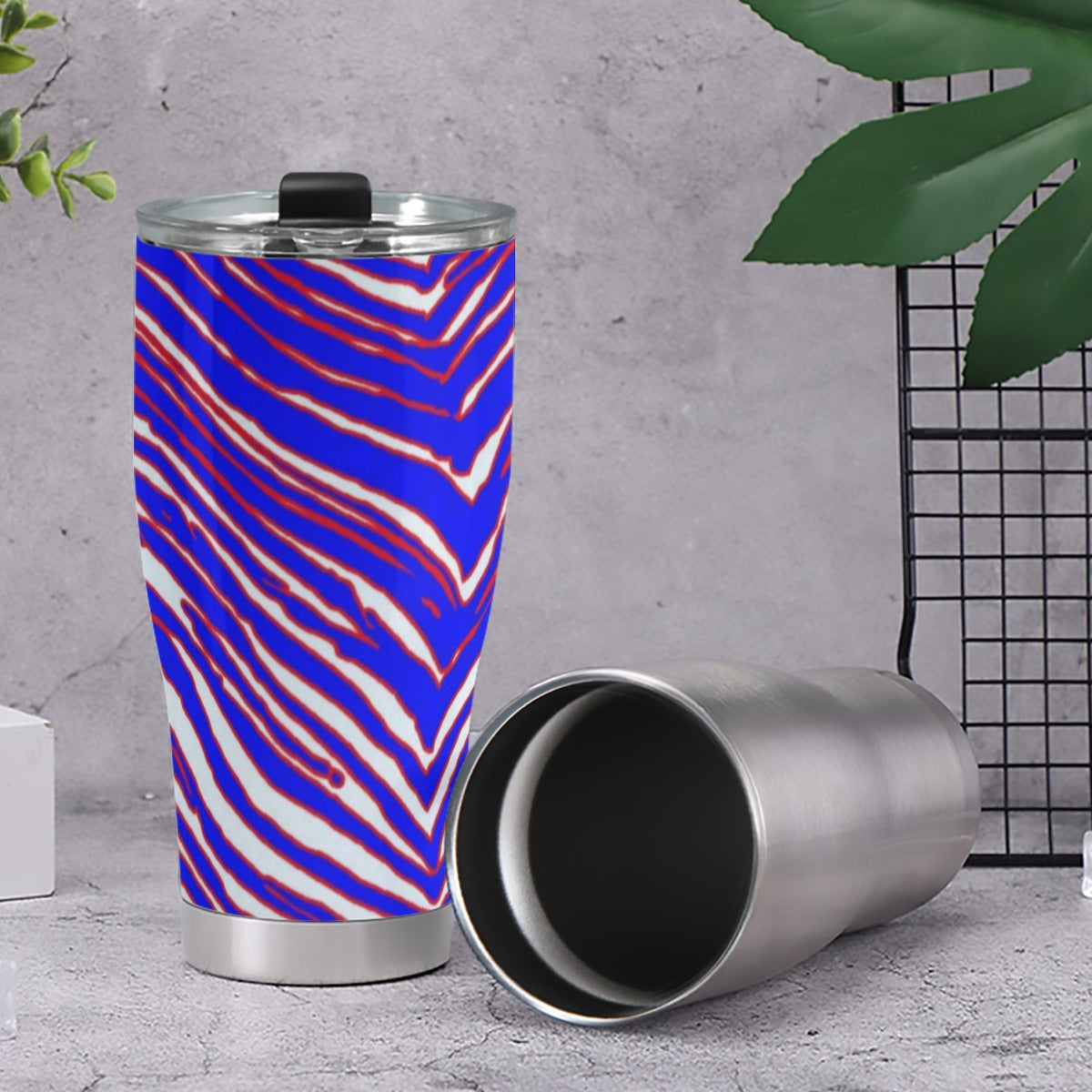 Dark Gray 30OZ Cone Car Cup – Red Blue White Zebra Game Day Style