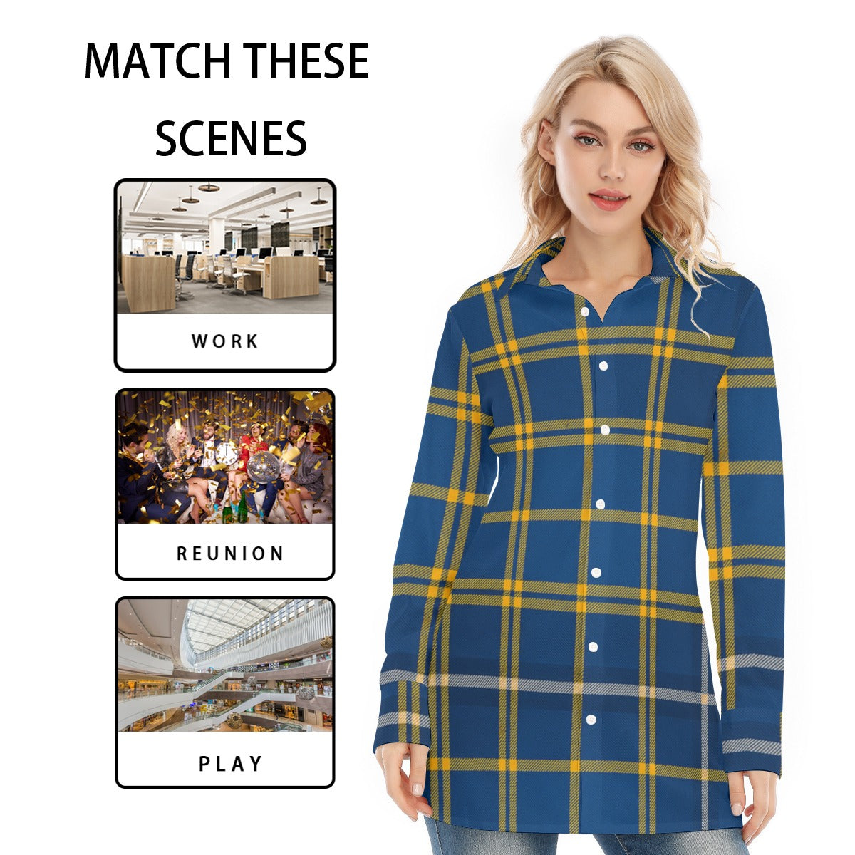 West Virginia Mountaineers Tartan Plaid Blue Gold Women's Long Shirt streetwear fashion product image 3