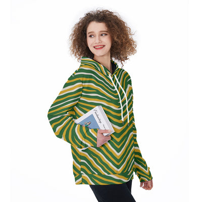 White Smoke Green Bay Football Zebra Women’s Pullover Hoodie – Yellow Green Game Day Streetwear
