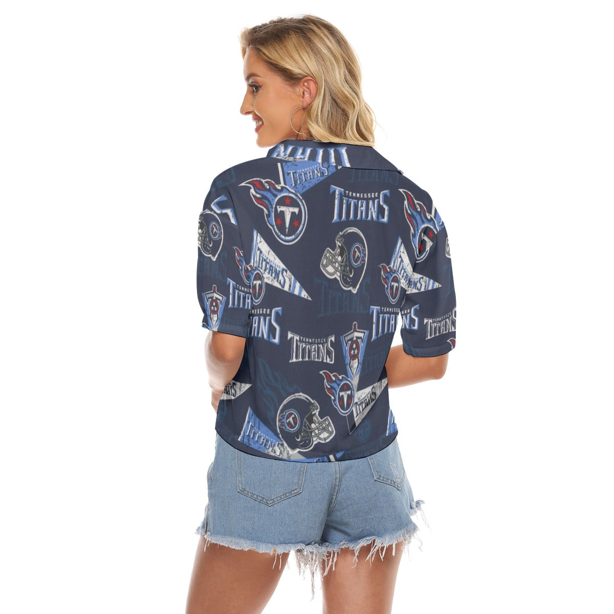 tennessee-titans-womens-v-neck-shirts navy light blue football close-up design detail
