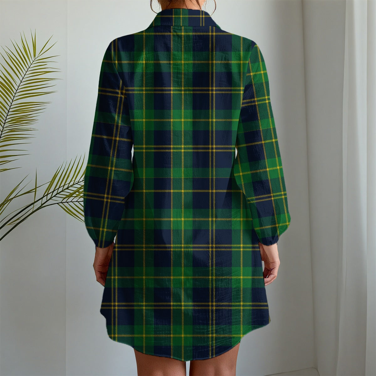 Notre Dame Fighting Irish Green Navy Gold Plaid Womens Long Sleeve Shirt Dress 7 green navy gold plaid women fashion apparel