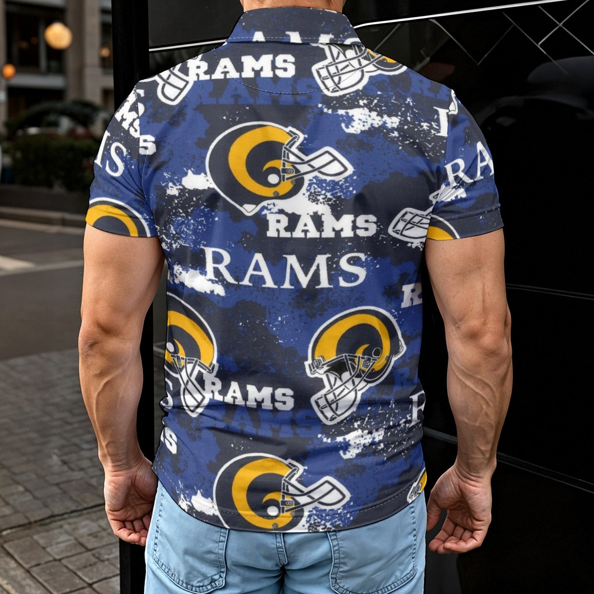 los-angeles-rams-mens-polo-shirt navy orange football outfit detail