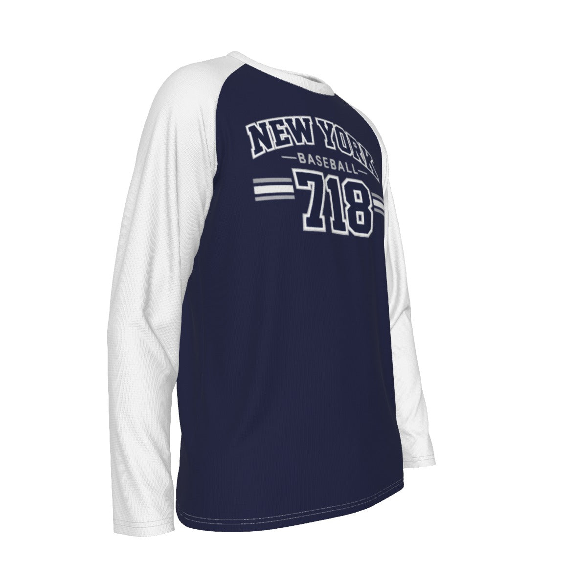 New York Baseball 718 Raglan Long Sleeve Shirt – Navy Blue and White Varsity Athletic Tee