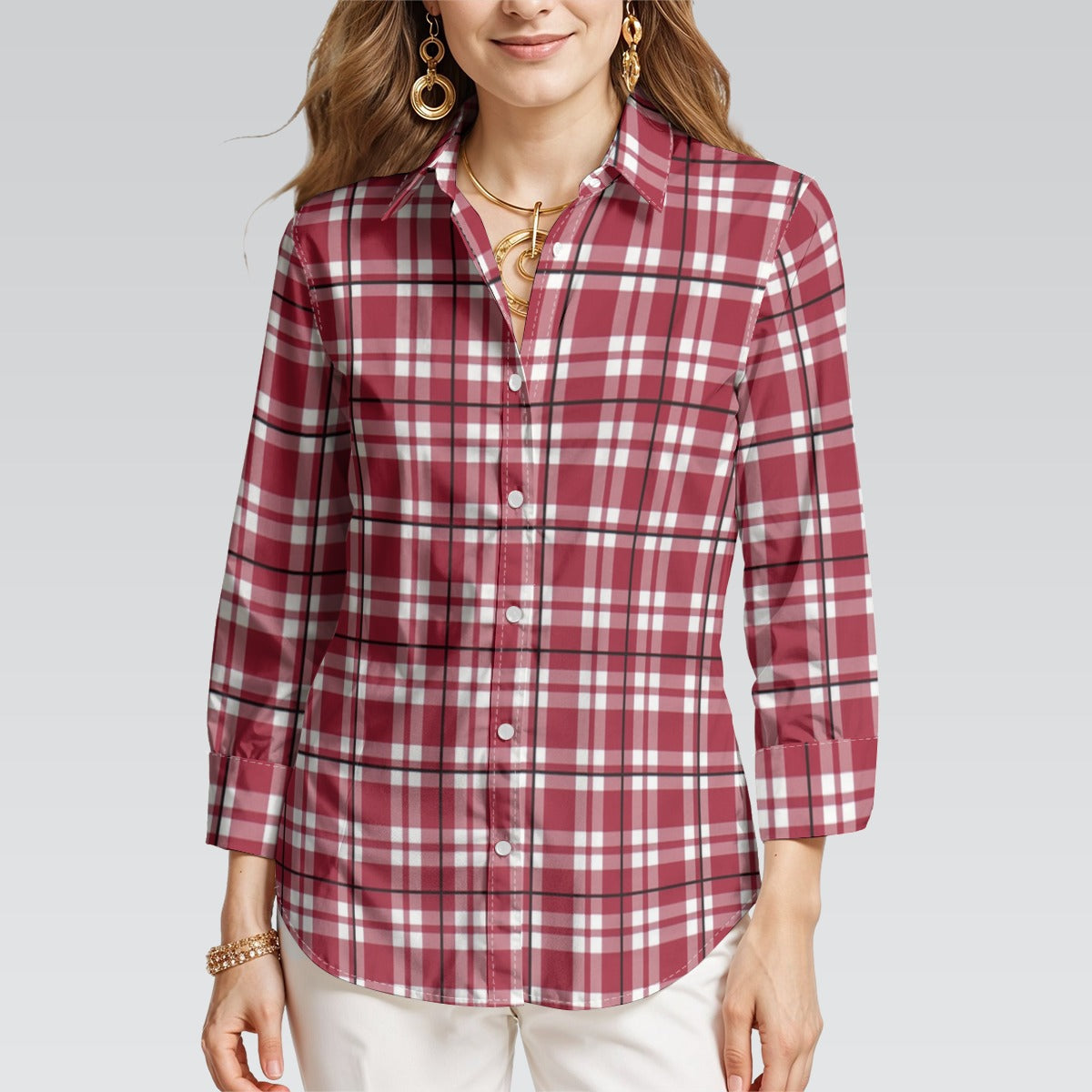Alabama  3/4 Sleeve Shirt Women – Crimson Plaid Football Style Top – football shirt, football shirt, image 1.0