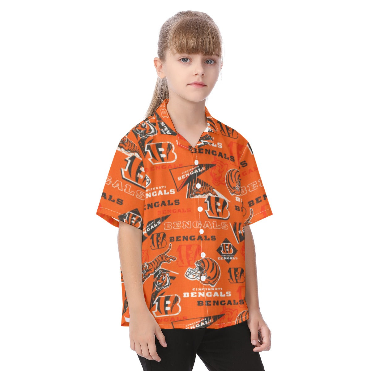 cincinnati-bengals-kids-hawaiian-vacation-shirt black orange football fabric detail breathable