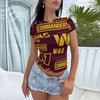 Washington Commanders Women's Slim-Fit T-shirt burgundy gold football outfit back view