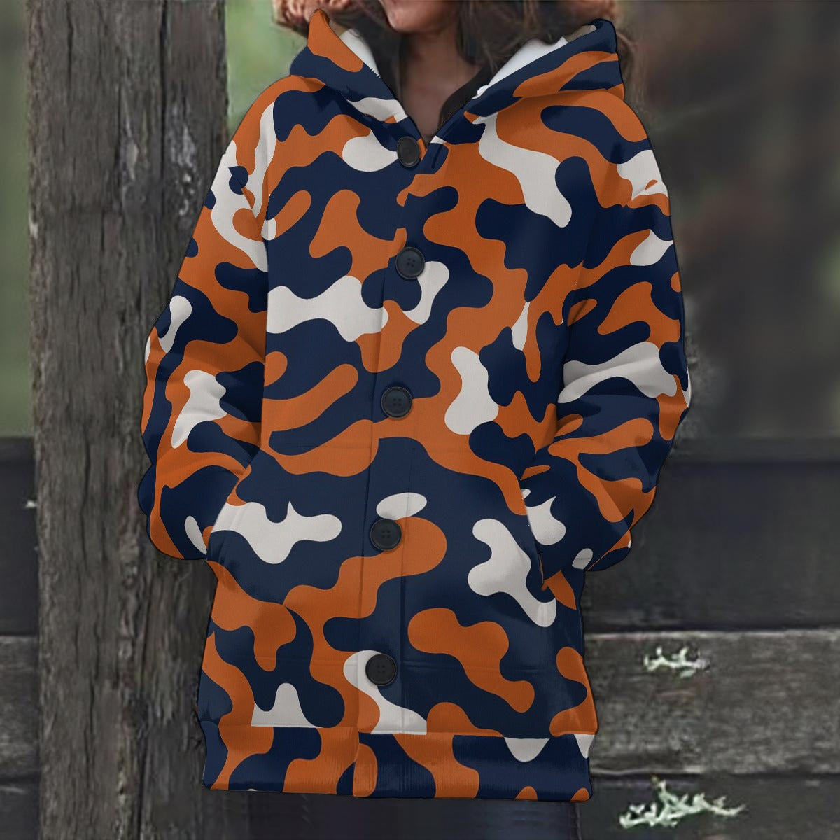 Chicago Football Women’s Camo Hooded Parka – Navy Orange Game Day Winter Coat – casual fan outfit, football shirt, image 1.0