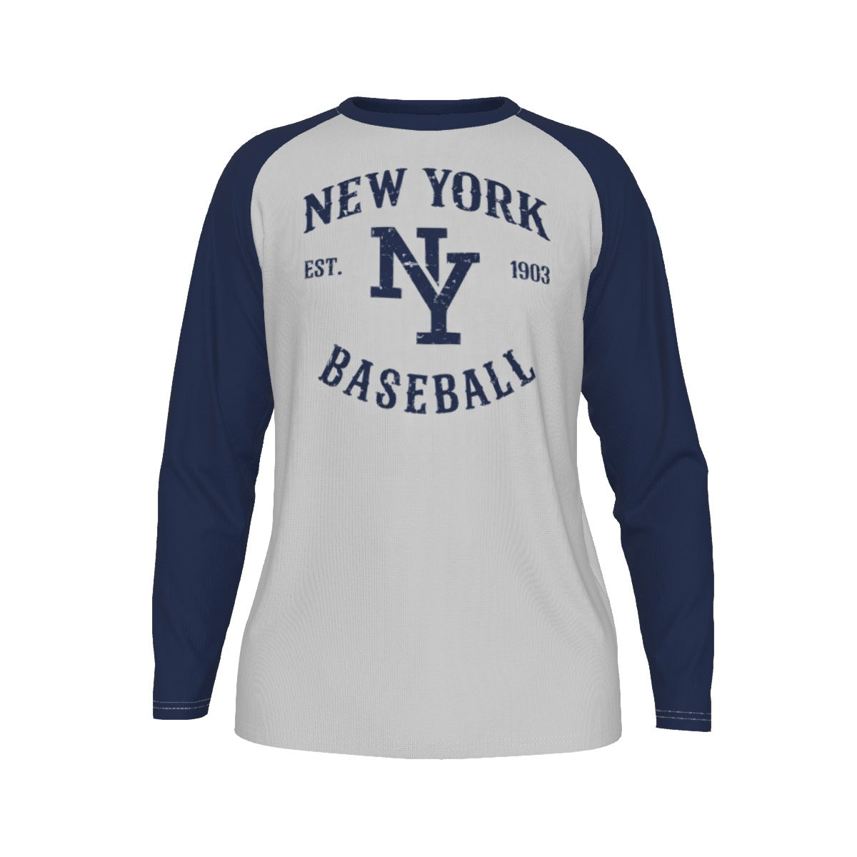 New York Baseball Raglan Long Sleeve Shirt – Est. 1903 Vintage Athletic Design, Grey and Navy tee – breathable comfort wear, casual fan outfit, image 1.0