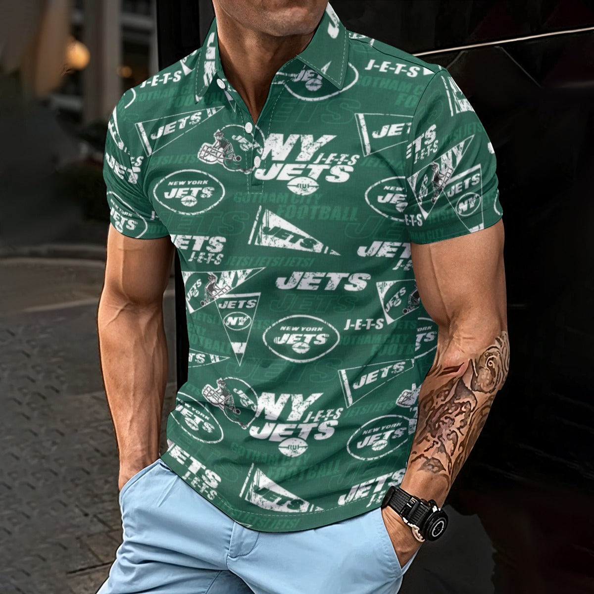 New York Jets  Men's Polo Shirt green white football outfit back view
