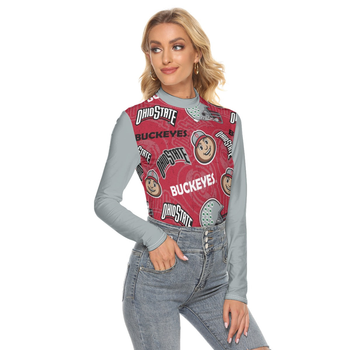 Ohio State Buckeyes Women’s Stretchable Turtleneck Top – Scarlet and Gray Football Game Day Long Sle White game day varsity apparel