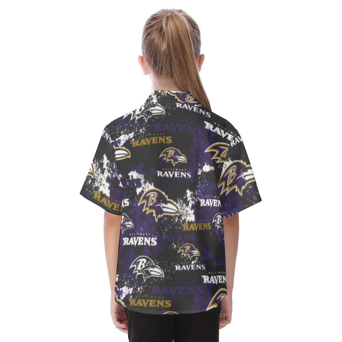 baltimore-ravens-kids-hawaiian-vacation-shirt purple black football outfit side view
