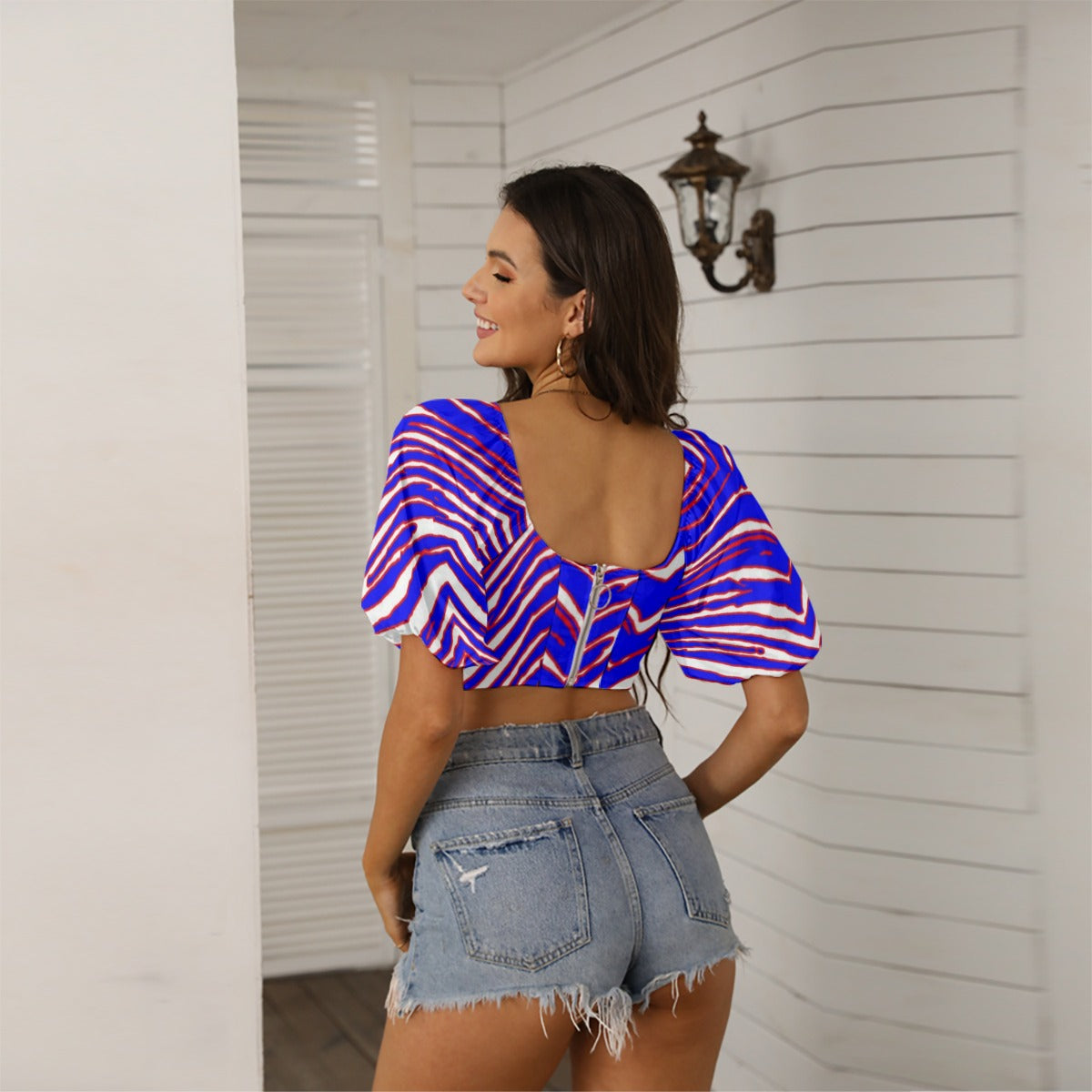 Women’s Square Collar Cropped Top with Puff Sleeve – Red, Blue  White Zebra Game Day Style