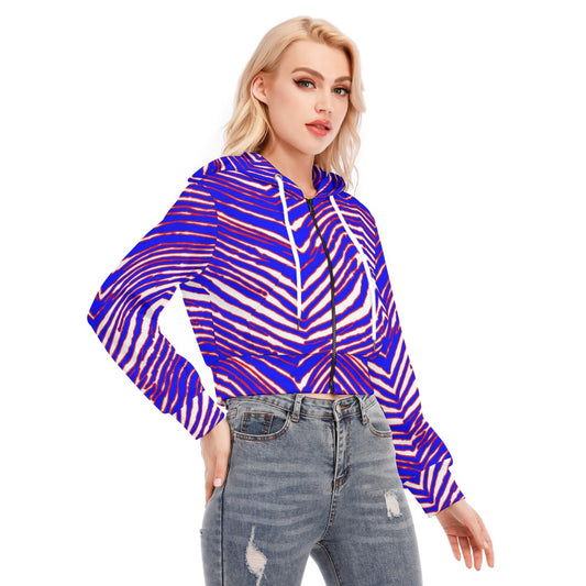 Buffalo Women's Crop Top Hoodie With Zipper Closure – Red Blue White Zebra Game Day Style
