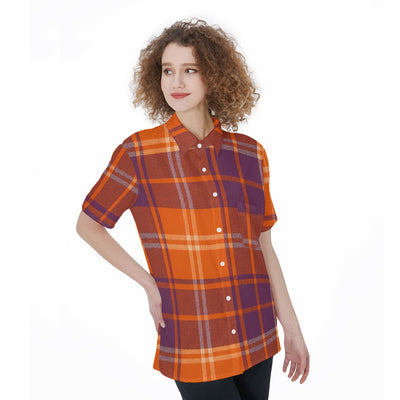 auburn tigers tartan plaid orange navy women's short sleeve shirt with pocket women tartan plaid game day shirt
