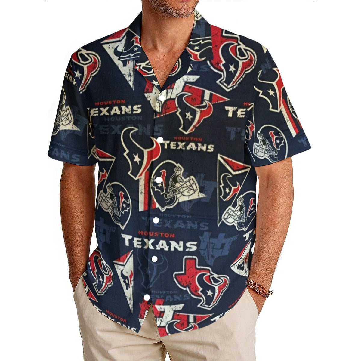 Houston Texans  Men's Hawaiian Shirt|150GSM navy red football back view game day look