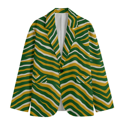 Green Bay Football Yellow Green Zebra Men’s Flat Lapel Collar Blazer – Game Day Streetwear – fan gear, breathable comfort wear, image 1.0