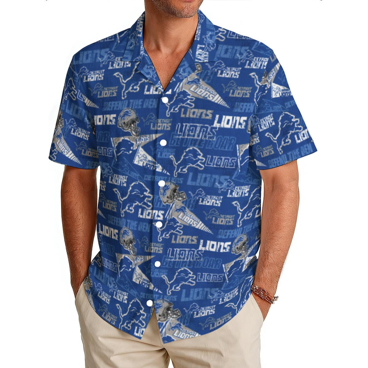 Detroit Lions  Men's Hawaiian Shirt|150GSM blue silver football back view game day look