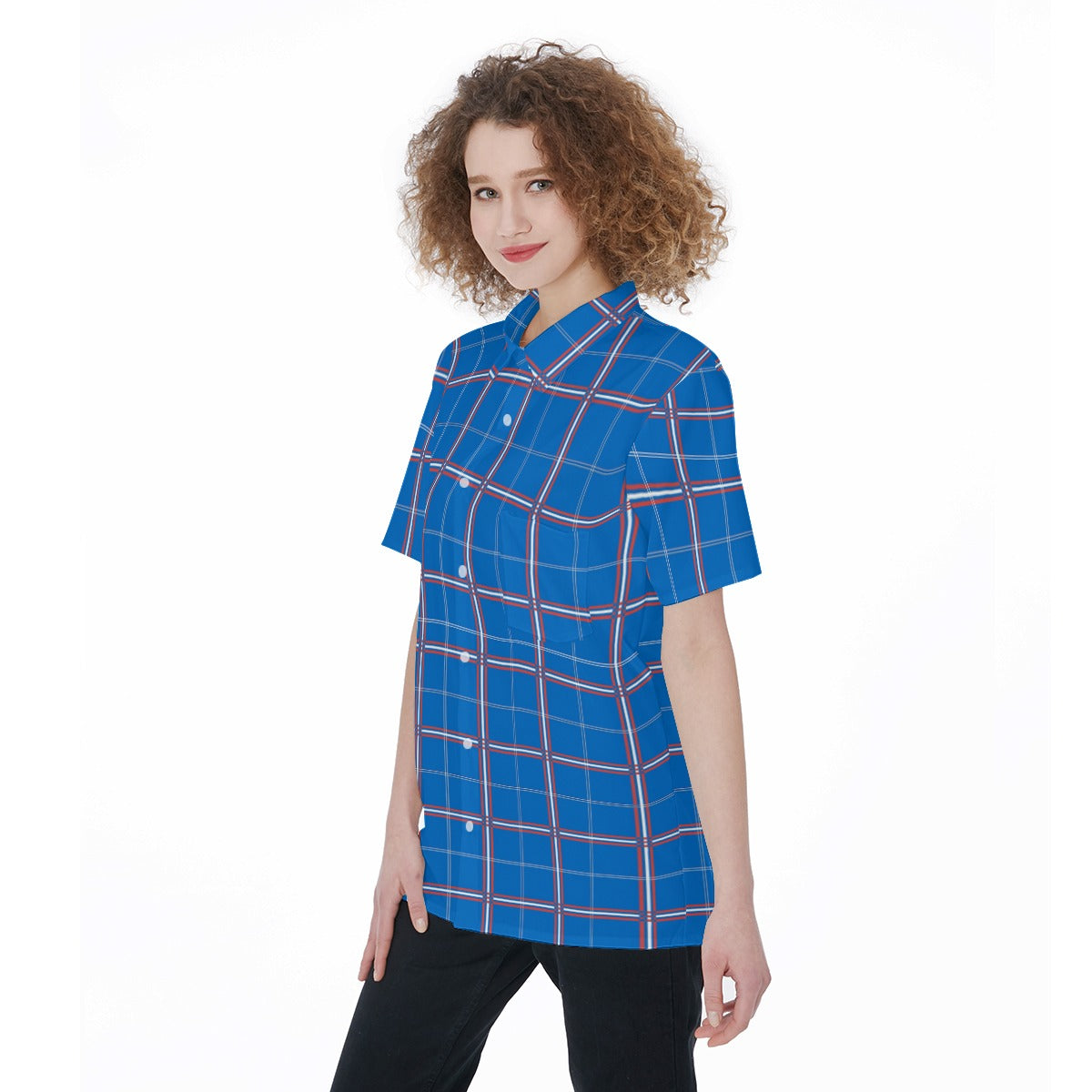 kansas jayhawks tartan plaid oversized button up women shirt women's short sleeve shirt with pocket women tartan plaid game day fashion
